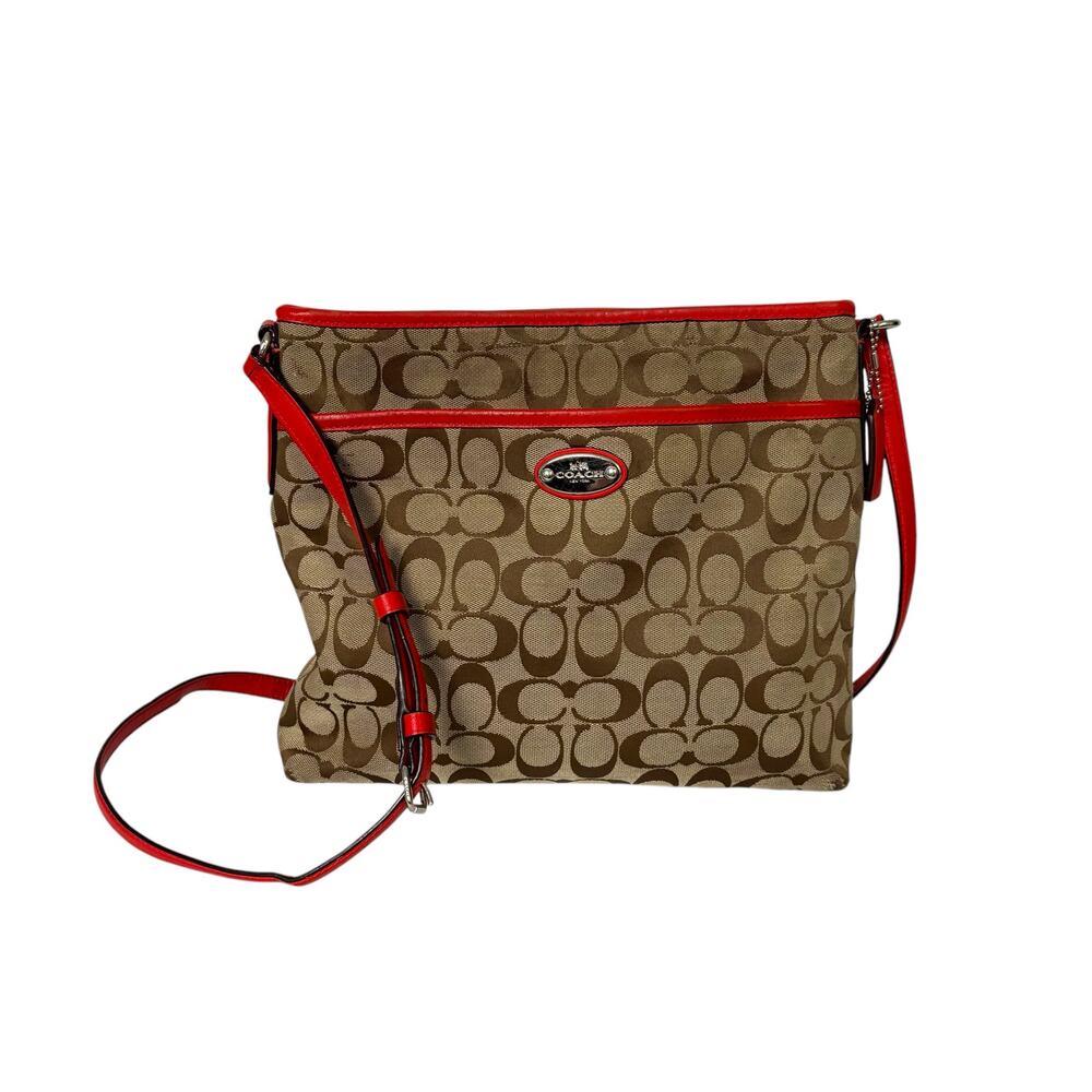 Coach Tan and Red Crossbody Bag with Signature Monogram